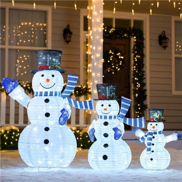 3 Pcs 3D Christmas Collapsible Snowman Light 270 Pre-Lit LED Cool White Lights